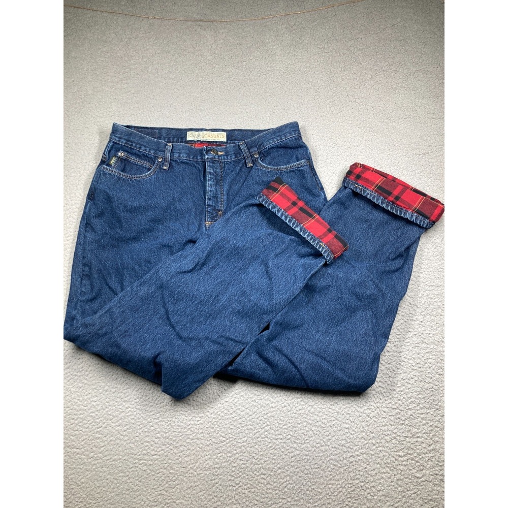 Cabela's Casuals Flannel Lined Jeans Women 14 Long Blue Denim Plaid Insulated - Picture 11 of 16